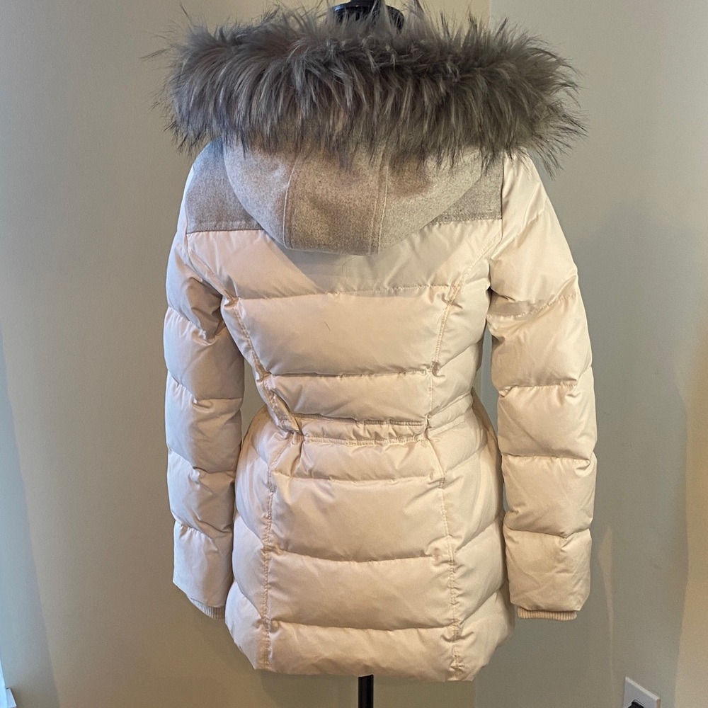 Kenneth Cole Cream and Gray Puffer Jacket with Faux Fur Hood - Picture 5 of 9